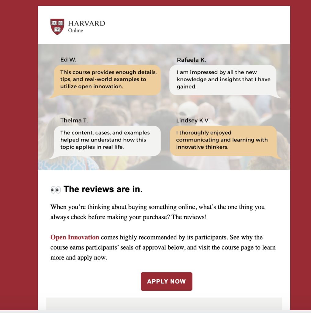 Harvard Online - Membership renewal email example